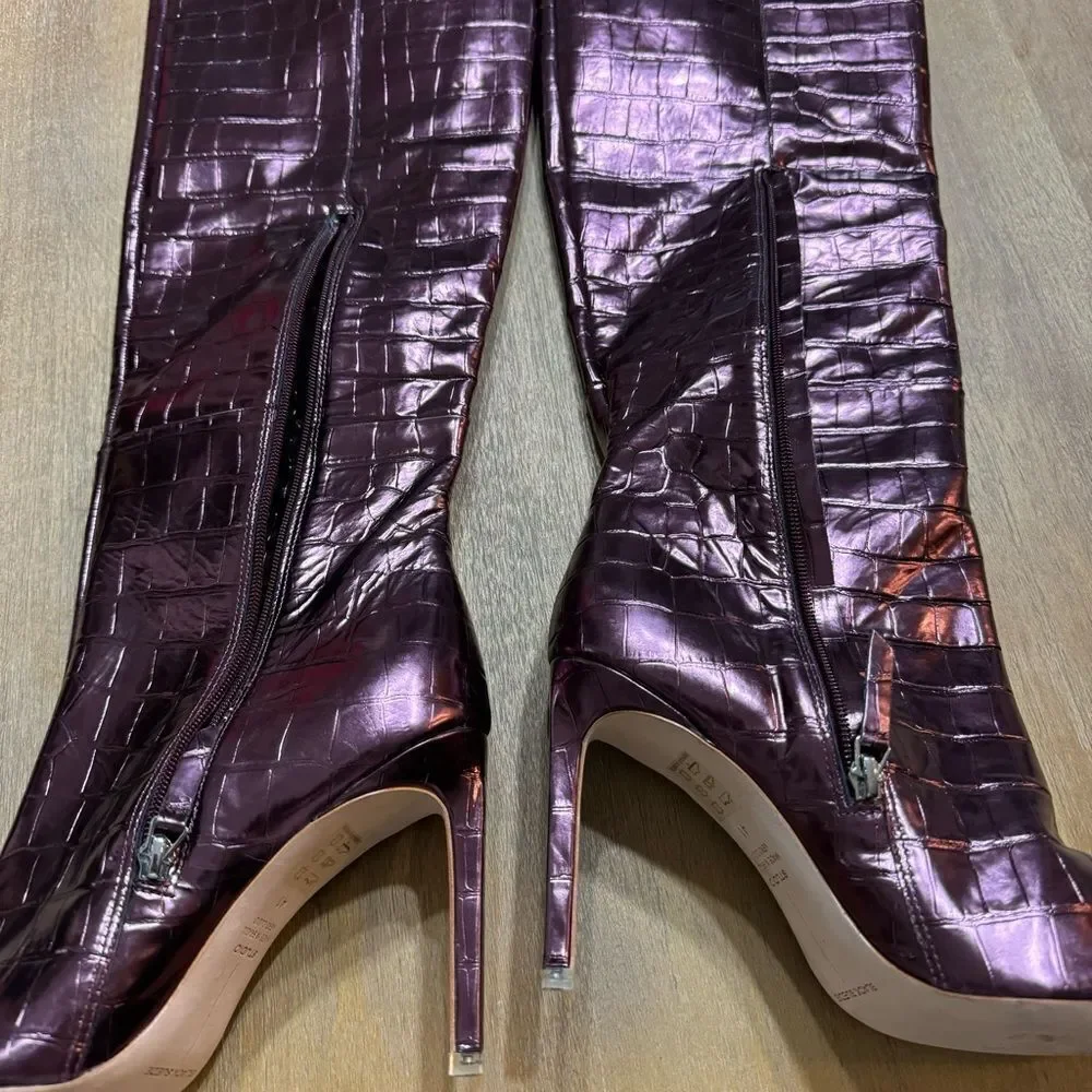 BLACK SUEDE STUDIO Tall Stiletto‎ Boot Croc Embossed Point Toe Oxblood Metallic